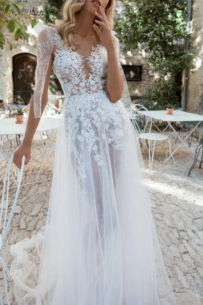 Ethereal A-Line Plunge V Neck Sheer Sleeve Lace Back Train Length Wedding Dress