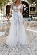 Ethereal A-Line Plunge V Neck Sheer Sleeve Lace Back Train Length Wedding Dress