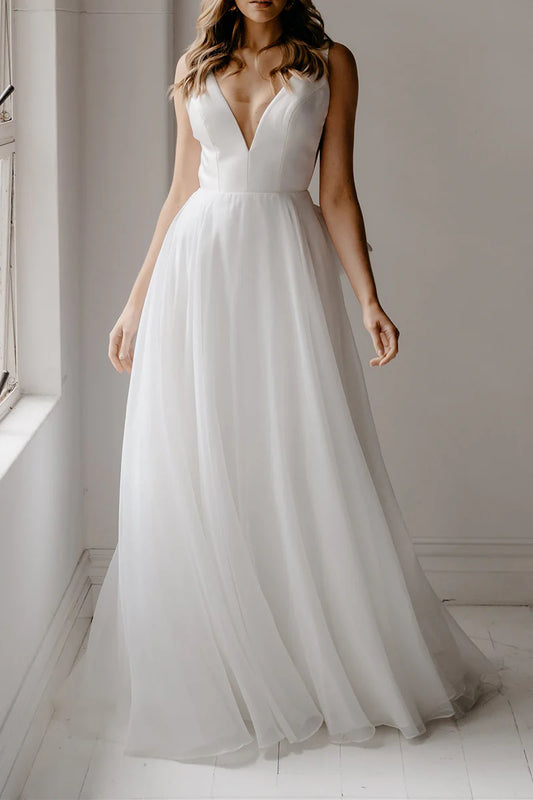 Ethereal A-Line Plunge V Neck Sleeveless Bow Back Train Length Wedding Dress