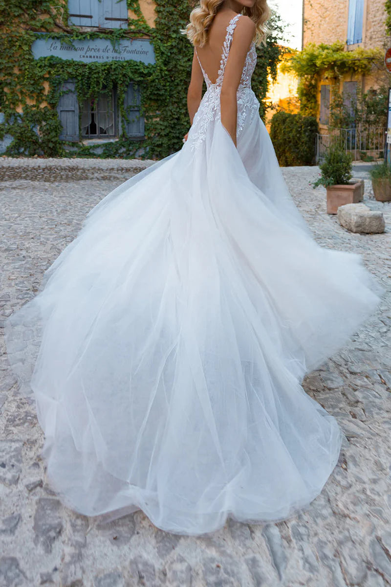 Ethereal A-Line Plunge V Neck Sleeveless Lace Back Train Length Wedding Dress