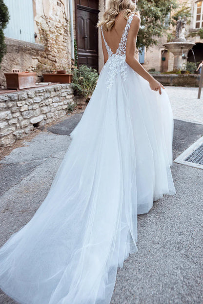 Ethereal A-Line Plunge V Neck Sleeveless Lace Back Train Length Wedding Dress