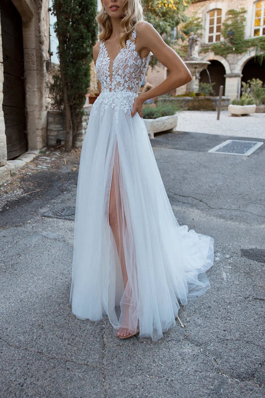 Ethereal A-Line Plunge V Neck Sleeveless Lace Back Train Length Wedding Dress