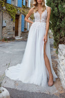 Ethereal A-Line Plunge V Neck Sleeveless Lace Back Train Length Wedding Dress