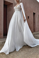 Ethereal A-Line Plunge-V-Neck Spaghetti-Strap Open-Back Train-Length Wedding Dress