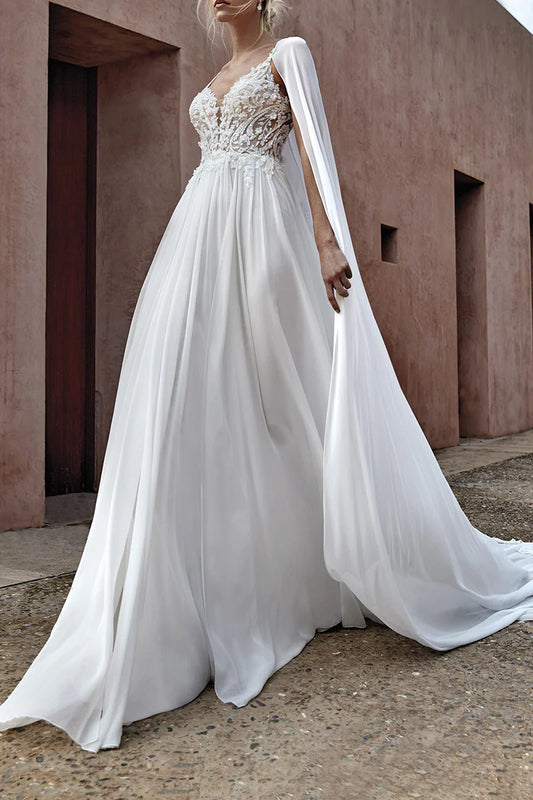 Ethereal A-Line Plunge-V-Neck Spaghetti-Strap Open-Back Train-Length Wedding Dress