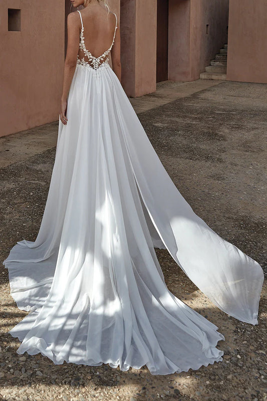 Ethereal A-Line Plunge-V-Neck Spaghetti-Strap Open-Back Train-Length Wedding Dress