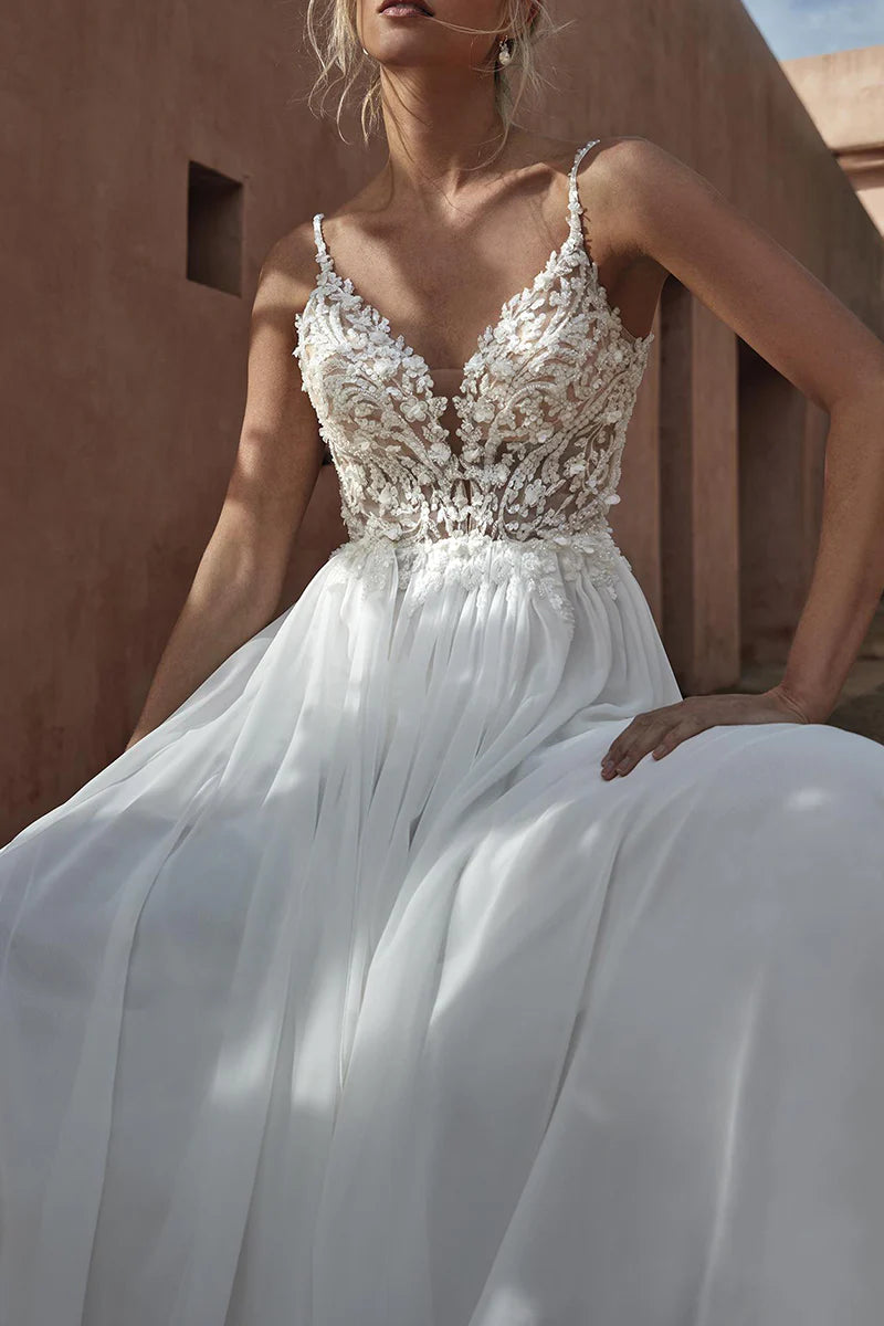 Ethereal A-Line Plunge-V-Neck Spaghetti-Strap Open-Back Train-Length Wedding Dress