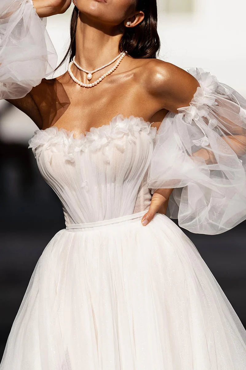 Ethereal A-Line Sweetheart Detachable Puff Sleeve Open Back Train Length Wedding Dress