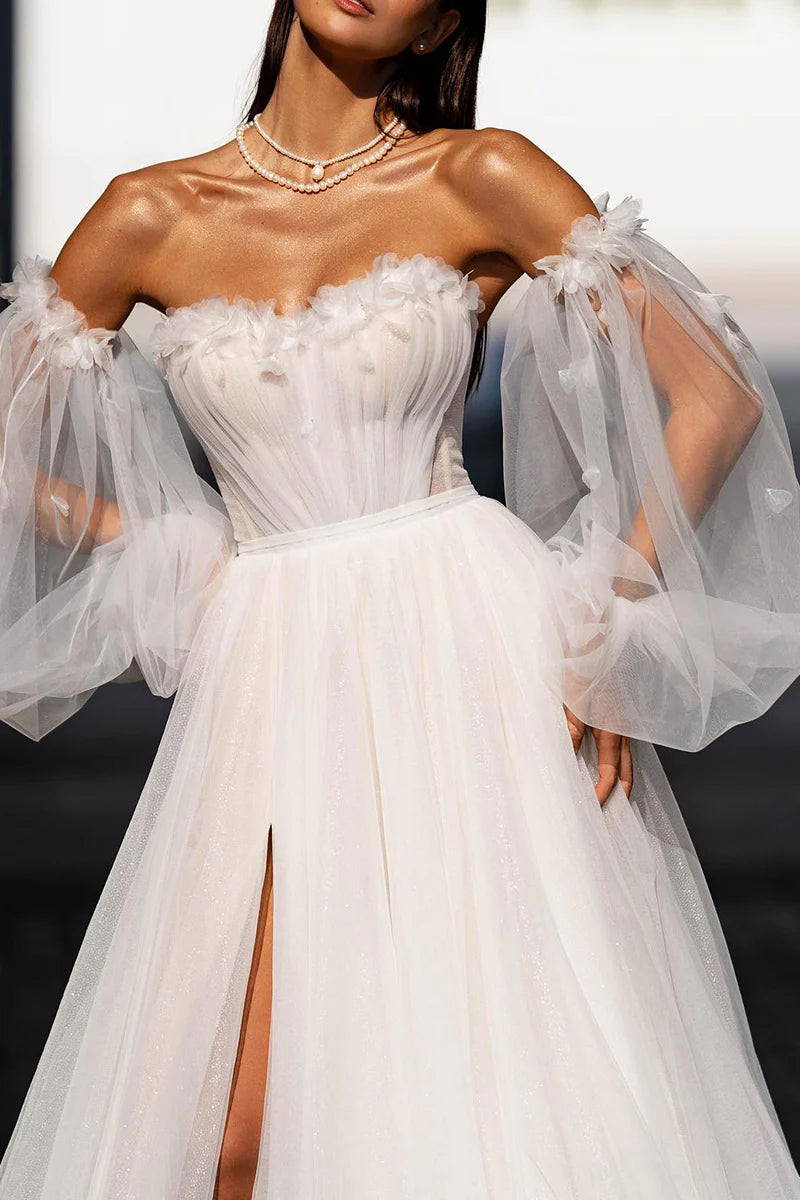 Ethereal A-Line Sweetheart Detachable Puff Sleeve Open Back Train Length Wedding Dress