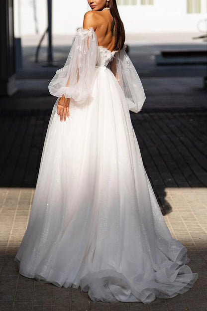 Ethereal A-Line Sweetheart Detachable Puff Sleeve Open Back Train Length Wedding Dress