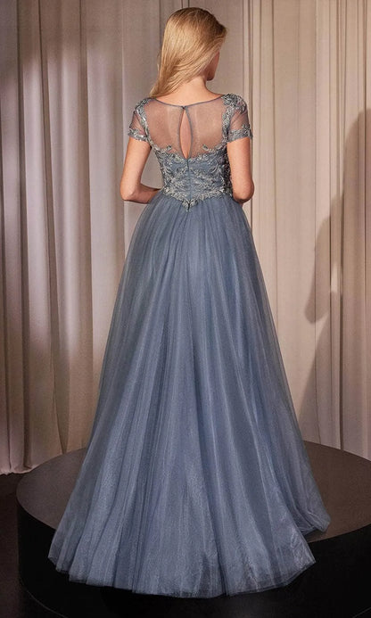 Ethereal A-Line Sweetheart Short Sleeve Illusion Back Floor Length Prom Dress