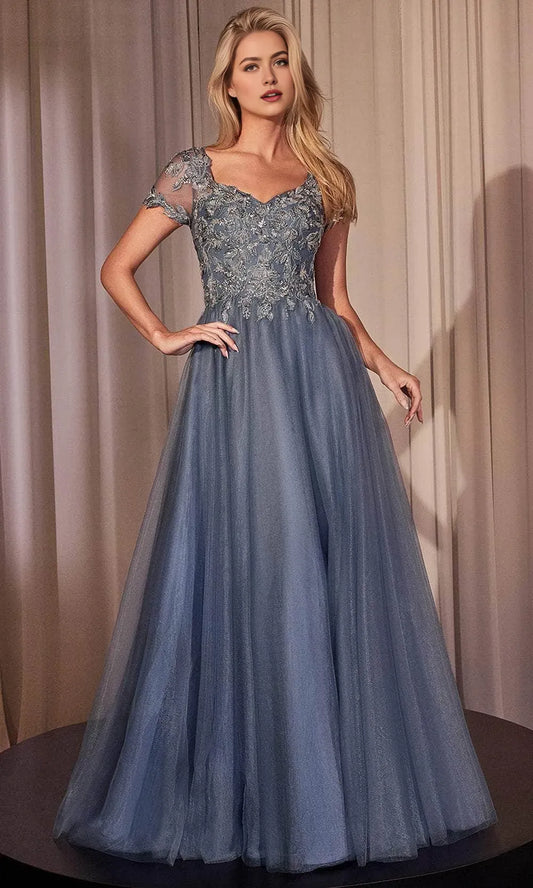 Ethereal A-Line Sweetheart Short Sleeve Illusion Back Floor Length Prom Dress