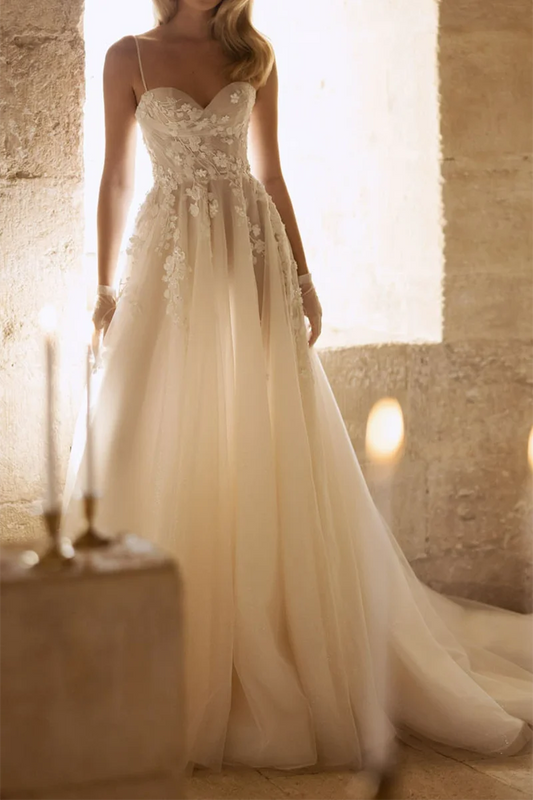 Ethereal A-Line Sweetheart Spaghetti-Strap Lace-Up-Back Train-Length Wedding Dress