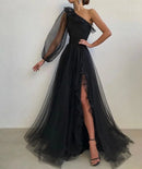 Ethereal A-line One-shoulder Puff-sleeve Solid-back Floor-length Slit Prom Dress