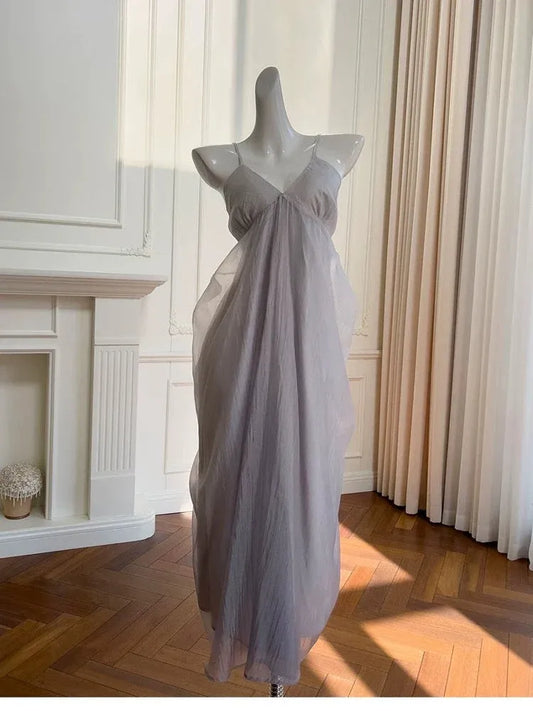 Ethereal A-line V-neck Spaghetti-Strap Open-Back Lavender Floor-Length Chiffon Prom Dress.