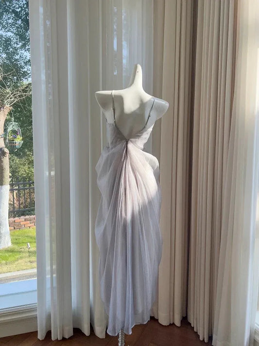 Ethereal A-line V-neck Spaghetti-Strap Open-Back Lavender Floor-Length Chiffon Prom Dress.