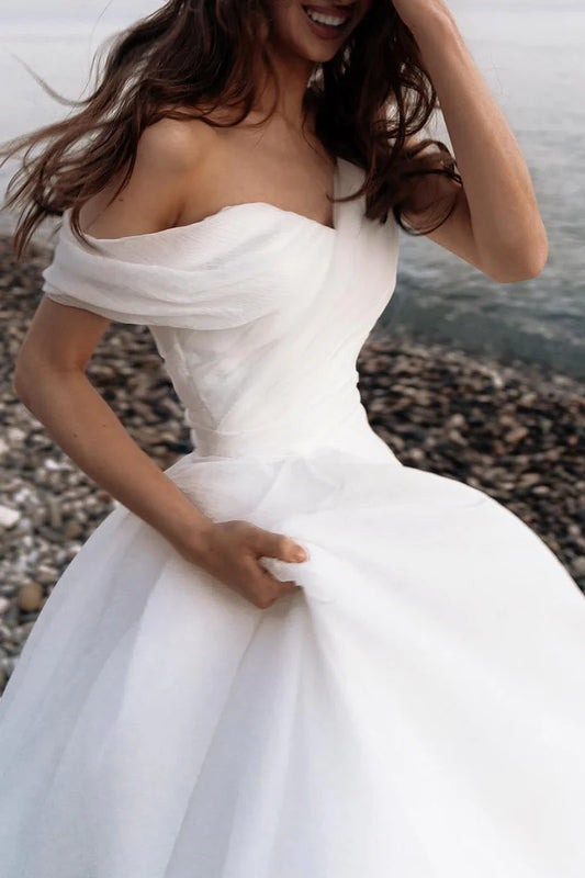 Ethereal Ball Gown One Shoulder Short Sleeve Open Back Cathedral Train Wedding Dress