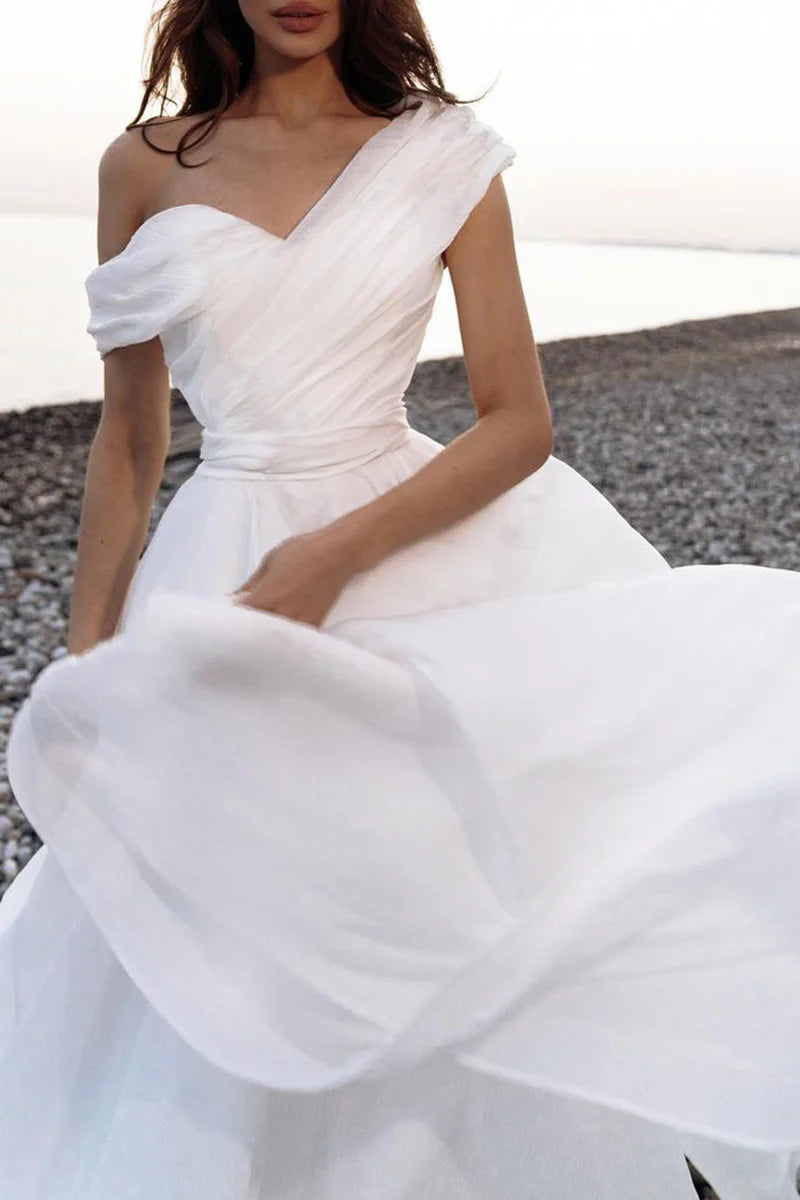 Ethereal Ball Gown One Shoulder Short Sleeve Open Back Cathedral Train Wedding Dress
