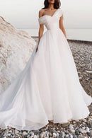 Ethereal Ball Gown One Shoulder Short Sleeve Open Back Cathedral Train Wedding Dress