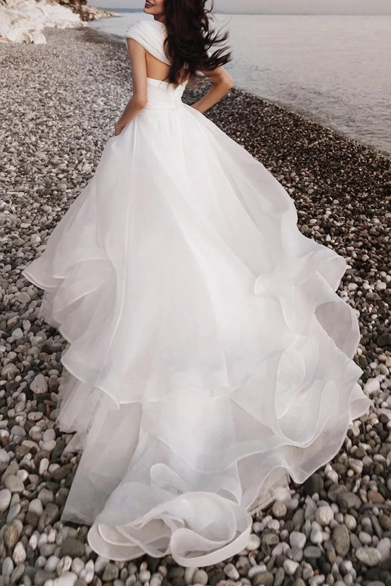 Ethereal Ball Gown One Shoulder Short Sleeve Open Back Cathedral Train Wedding Dress
