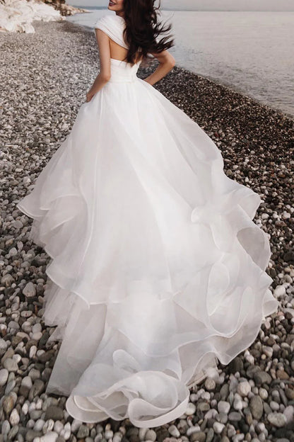 Ethereal Ball Gown One Shoulder Short Sleeve Open Back Cathedral Train Wedding Dress