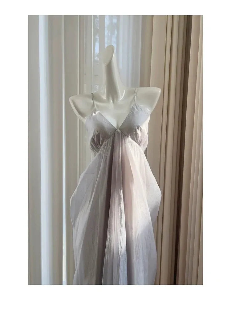 Ethereal A‑line V‑neck Spaghetti‑strap Open‑back Floor‑length Prom Dress