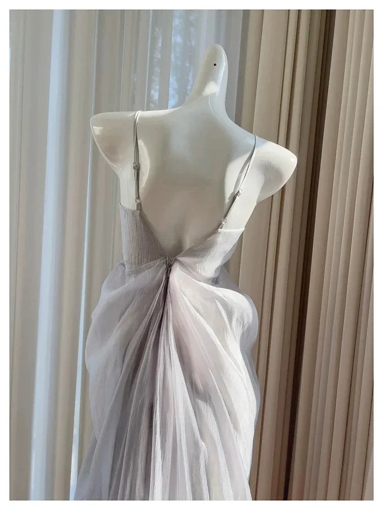 Ethereal A‑line V‑neck Spaghetti‑strap Open‑back Floor‑length Prom Dress
