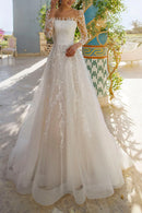 Fairytale A-Line Illusion Square Neck Long Sleeve Lace Up Back Train Length Wedding Dress