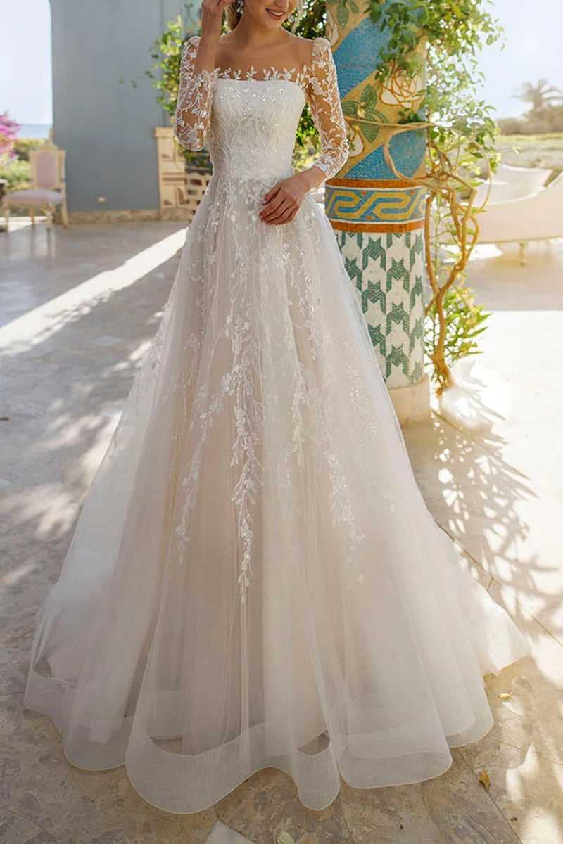Fairytale A-Line Illusion Square Neck Long Sleeve Lace Up Back Train Length Wedding Dress