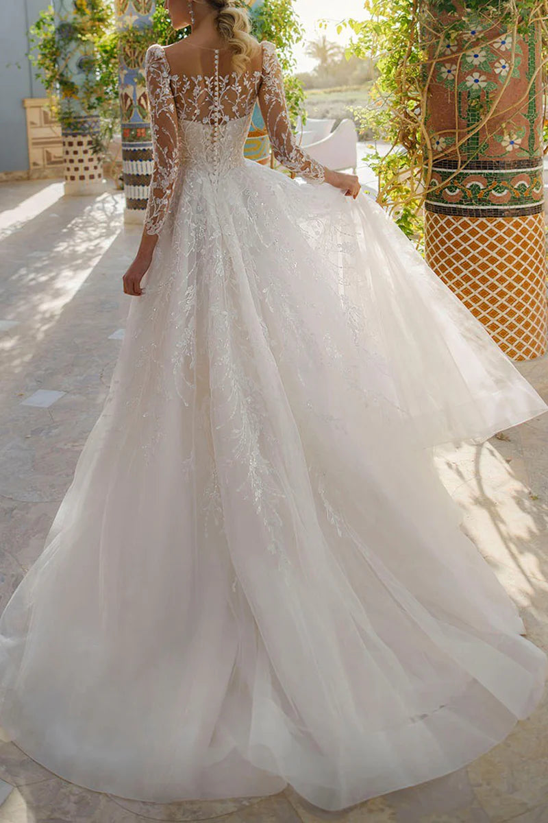 Fairytale A-Line Illusion Square Neck Long Sleeve Lace Up Back Train Length Wedding Dress