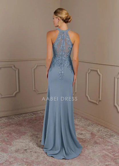 AABEI DRESS Wedding Guests Dresses Charming Mermaid Halter Lace Applique Beadwork Illusion Back Exquisite Mother of the Bride Dress