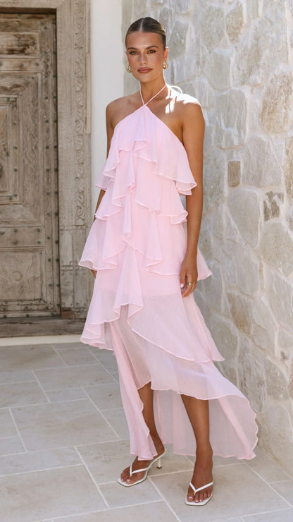 Feminine A-Line Halter Sleeveless Tie Back High Low Prom Dress