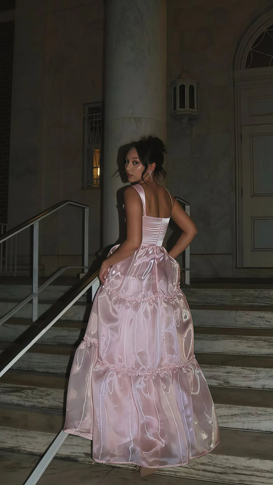 Feminine A-line Square-neck Wide-strap Zipper-back Floor-length Tiered Prom Dress