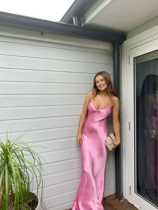 Feminine Mermaid V-neck Key-hole Spaghetti-strap Pink Floor-length Prom Dress.