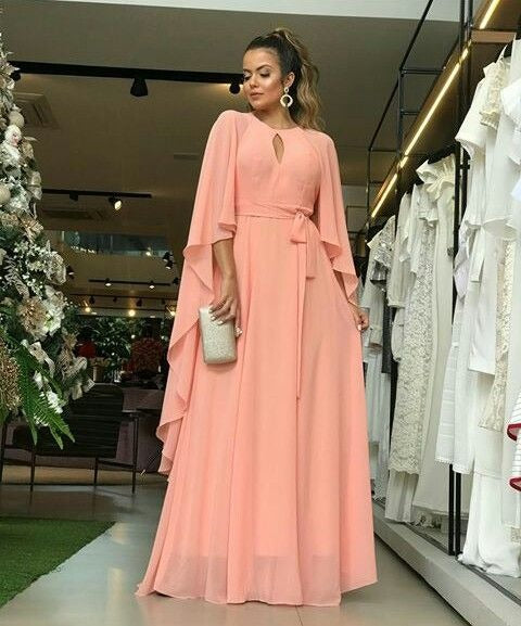 Flowy A-Line Round Neck Keyhole Cape Sleeve Maxi Evening Dresses