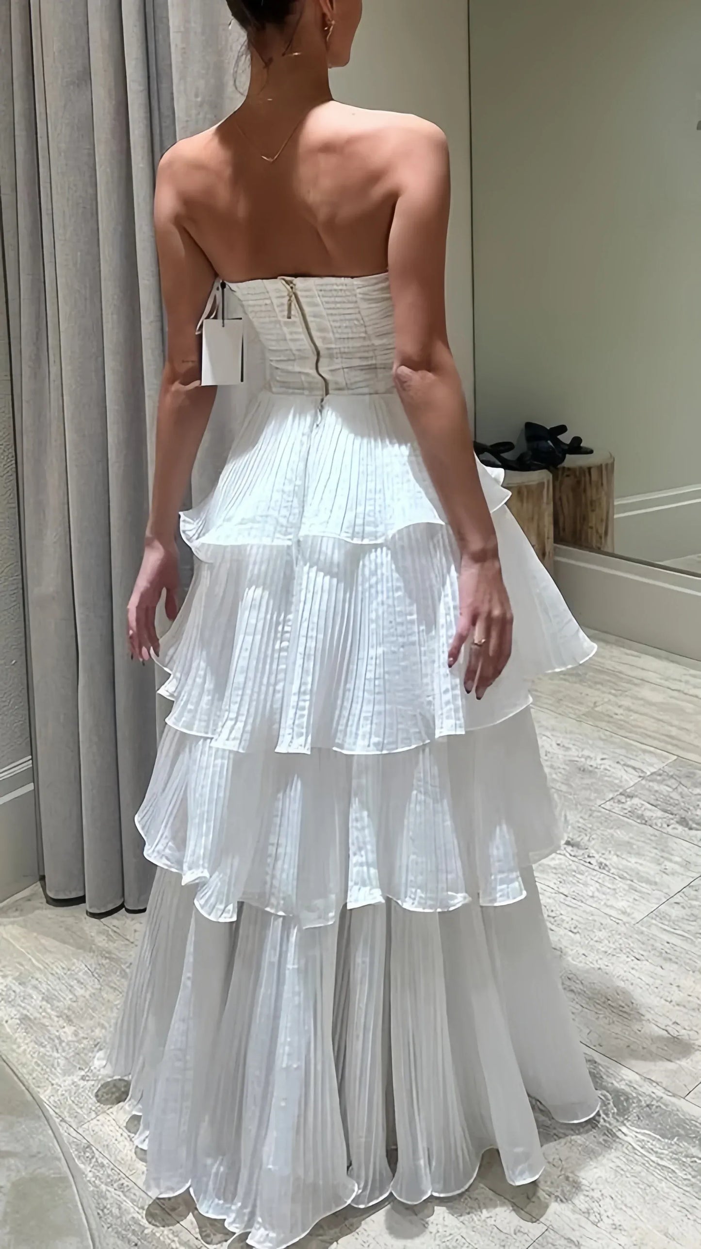 Flowy A‑Line Strapless Plain‑Back Floor‑Length Pleated Prom Dress
