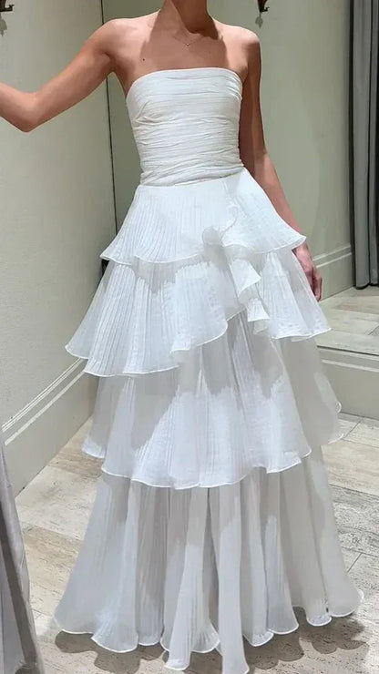 Flowy A‑Line Strapless Plain‑Back Floor‑Length Pleated Prom Dress