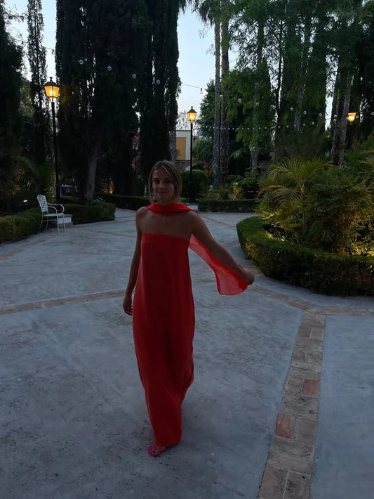 Flowy Column Strapless Chiffon Bohemian Scarlet Floor-Length Prom Dress.