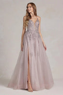 Dusty Pink A-Line Plunging V Spaghetti Straps Crisscross Lace Up Back Tulle Prom Gown