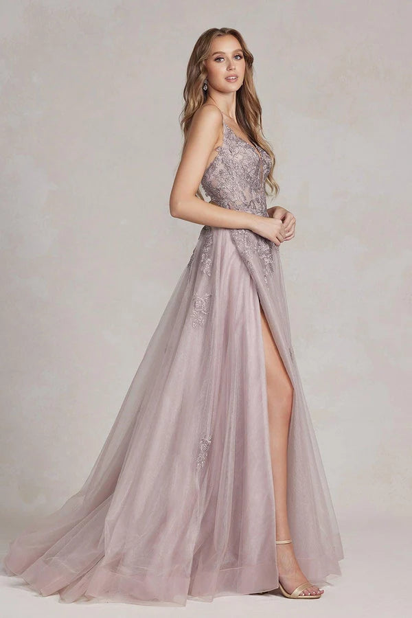 Dusty Pink A-Line Plunging V Spaghetti Straps Crisscross Lace Up Back Tulle Prom Gown