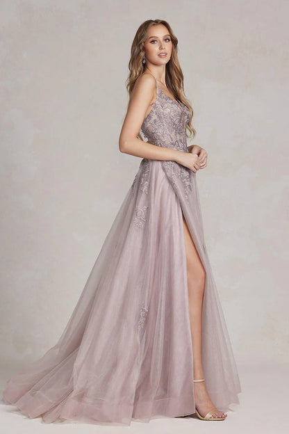 Dusty Pink A-Line Plunging V Spaghetti Straps Crisscross Lace Up Back Tulle Prom Gown