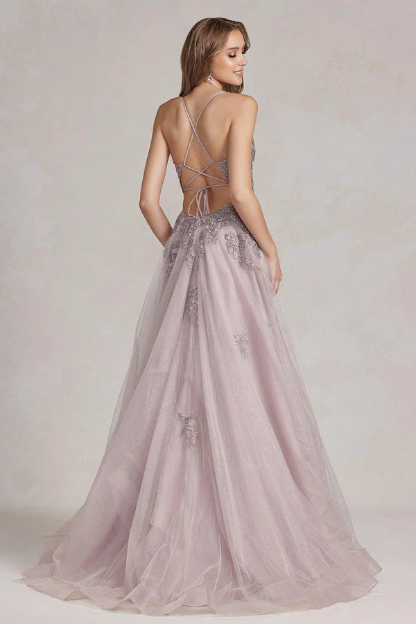 Dusty Pink A-Line Plunging V Spaghetti Straps Crisscross Lace Up Back Tulle Prom Gown