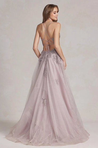 Dusty Pink A-Line Plunging V Spaghetti Straps Crisscross Lace Up Back Tulle Prom Gown