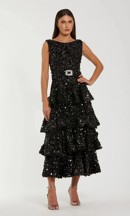 Glamorous A-Line Boat-Neck Sleeveless Open-Back Tea-Length Prom Dress