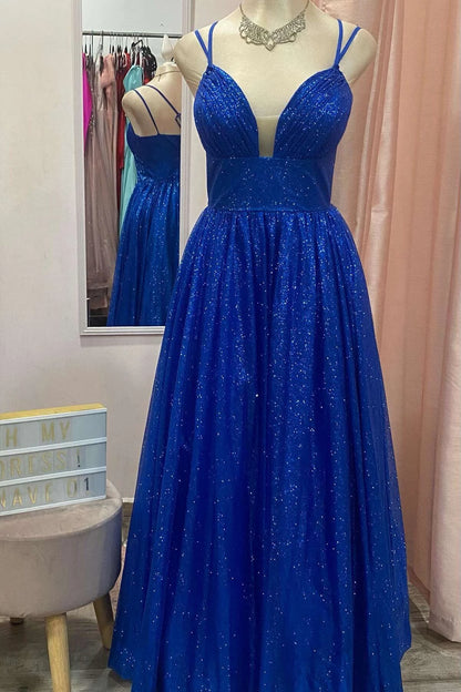 Glamorous A-Line Deep V-Neck Double Spaghetti Straps Open Back Floor-Length Royal Blue Evening Dresses