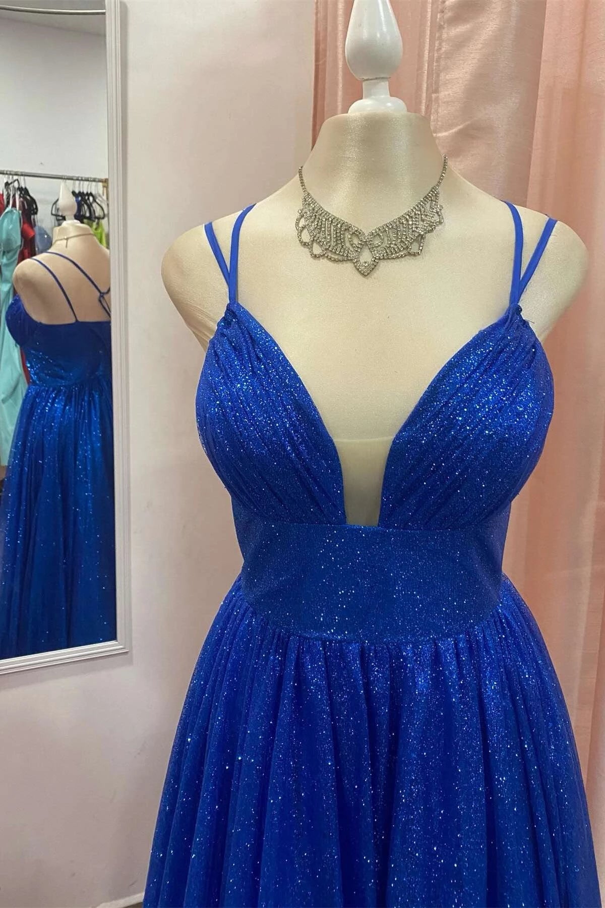 Glamorous A-Line Deep V-Neck Double Spaghetti Straps Open Back Floor-Length Royal Blue Evening Dresses