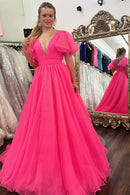 Glamorous A-Line Deep V-Neck Flutter Sleeves Open Back Floor-Length Hot Pink Evening Dresses