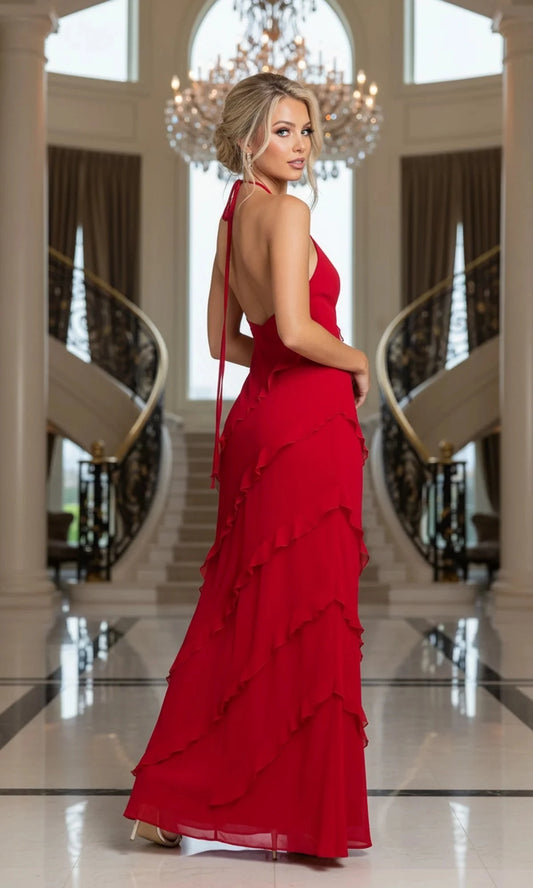 Glamorous A-Line Halter-Neck Sleeveless Open-Back Floor-Length Prom Dress