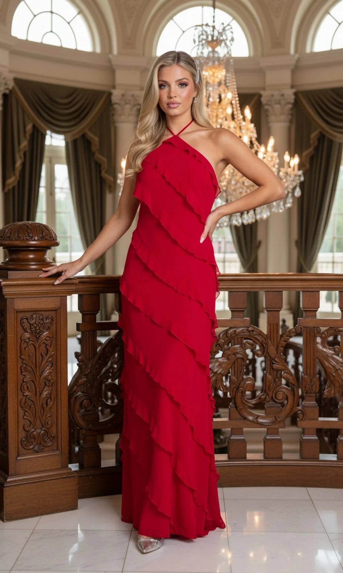 Glamorous A-Line Halter-Neck Sleeveless Open-Back Floor-Length Prom Dress