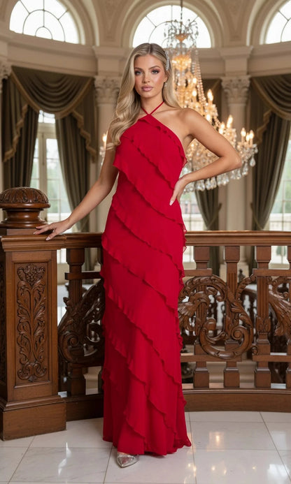 Glamorous A-Line Halter-Neck Sleeveless Open-Back Floor-Length Prom Dress